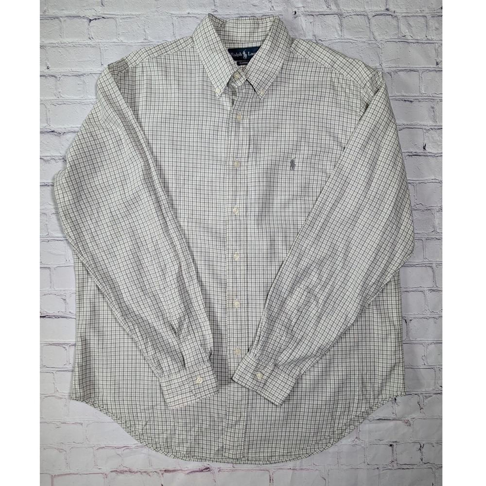 Ralph Lauren Button Down Shirt Mens L Cotton Grey White Check Classic Fit Pony